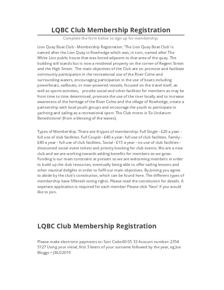 Extract LQBC Club Membership Registration