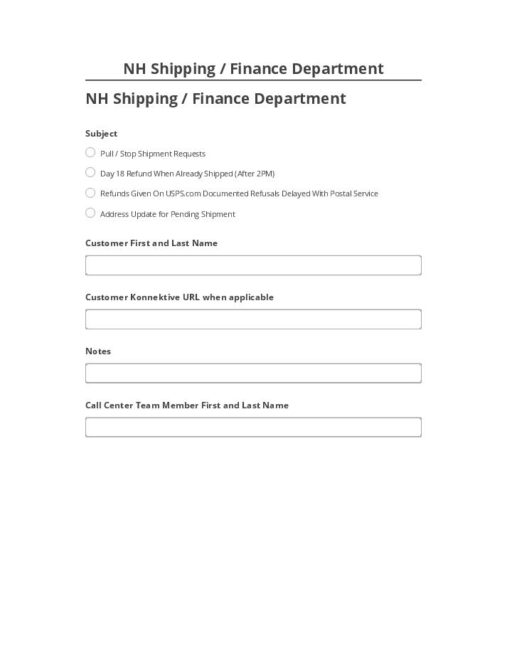 Arrange NH Shipping / Finance Department