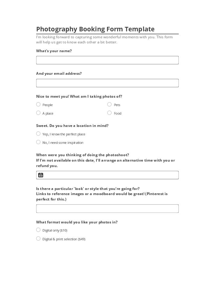 Pre-fill Photography Booking Form Template from Netsuite