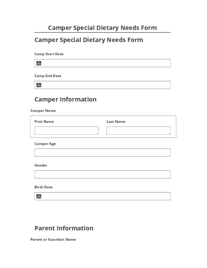 Arrange Camper Special Dietary Needs Form