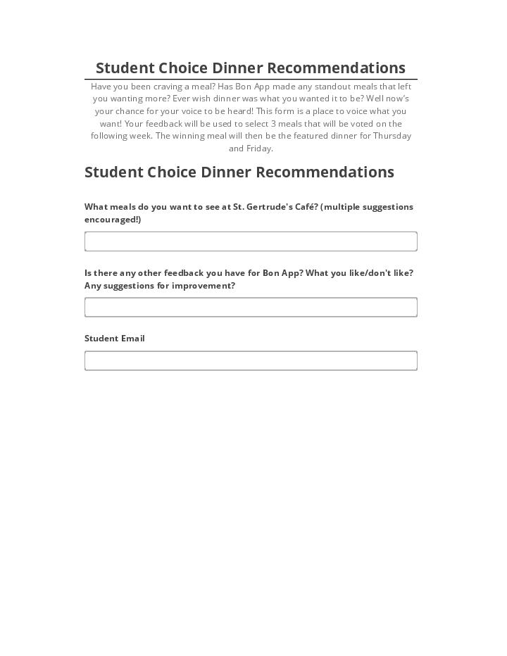 Pre-fill Student Choice Dinner Recommendations Salesforce