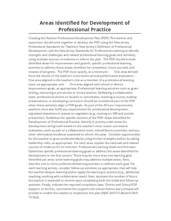 Pre-fill Areas Identified for Development of Professional Practice