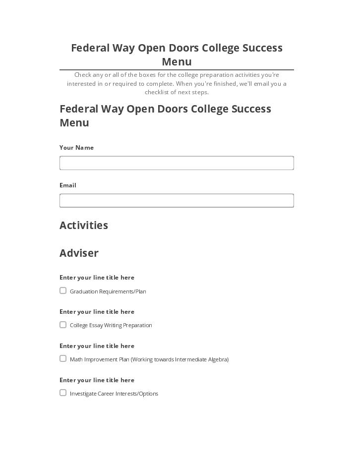 Pre-fill Federal Way Open Doors College Success Menu Netsuite