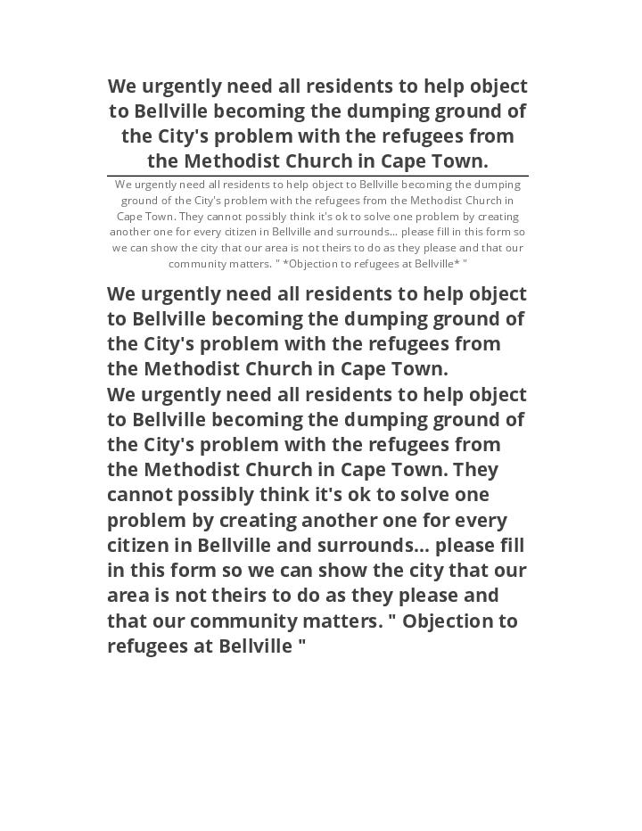 Update We urgently need all residents to help object to Bellville becoming the dumping ground of the City's problem with the refugees from the Methodist Church in Cape Town. Salesforce
