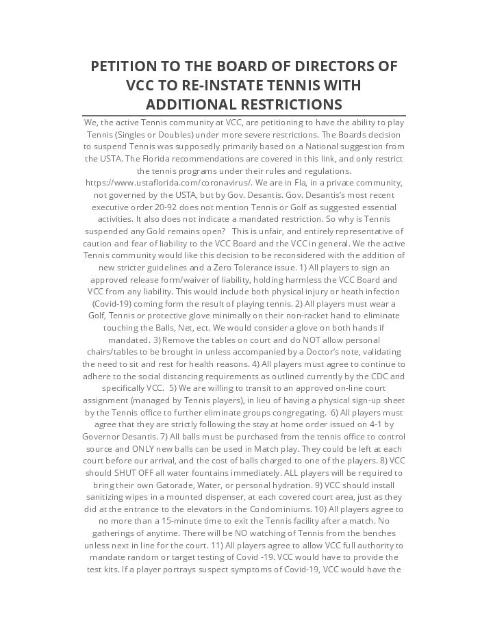 Archive PETITION TO THE BOARD OF DIRECTORS OF VCC TO RE-INSTATE TENNIS WITH ADDITIONAL RESTRICTIONS Salesforce