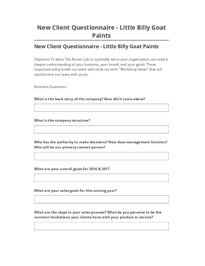 Arrange New Client Questionnaire - Little Billy Goat Paints Microsoft Dynamics