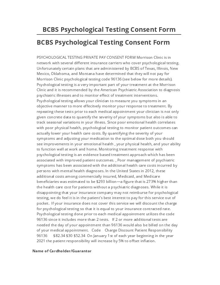 Manage BCBS Psychological Testing Consent Form