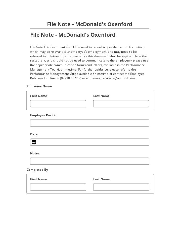 Pre-fill File Note - McDonald's Oxenford Salesforce