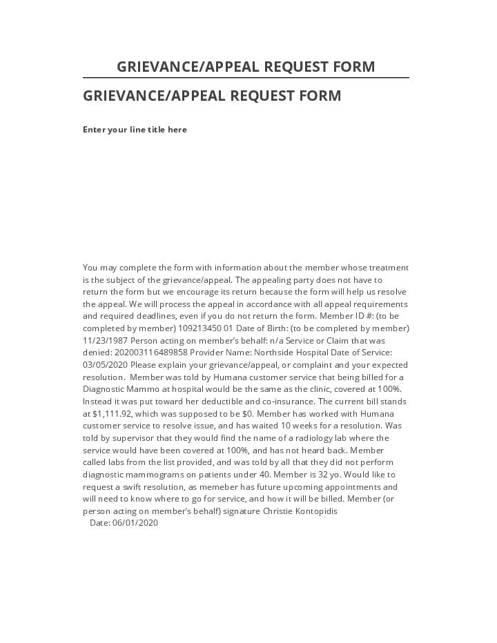 Manage GRIEVANCE/APPEAL REQUEST FORM
