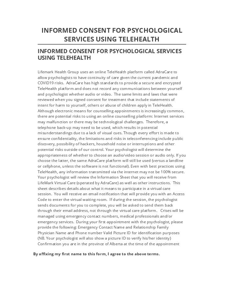 Manage INFORMED CONSENT FOR PSYCHOLOGICAL SERVICES USING TELEHEALTH 