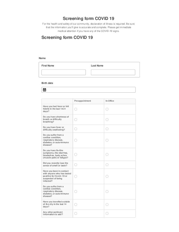 Arrange Screening form COVID 19 Salesforce