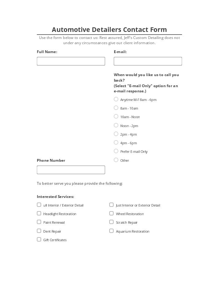 Pre-fill Automotive Detailers Contact Form