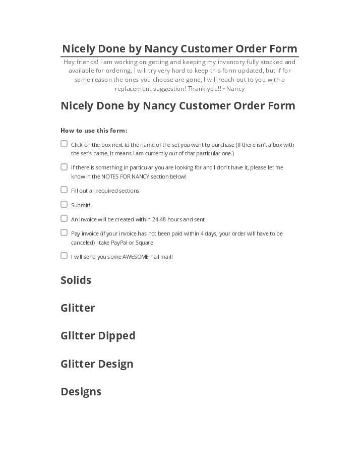 Pre-fill Nicely Done by Nancy Customer Order Form from Netsuite