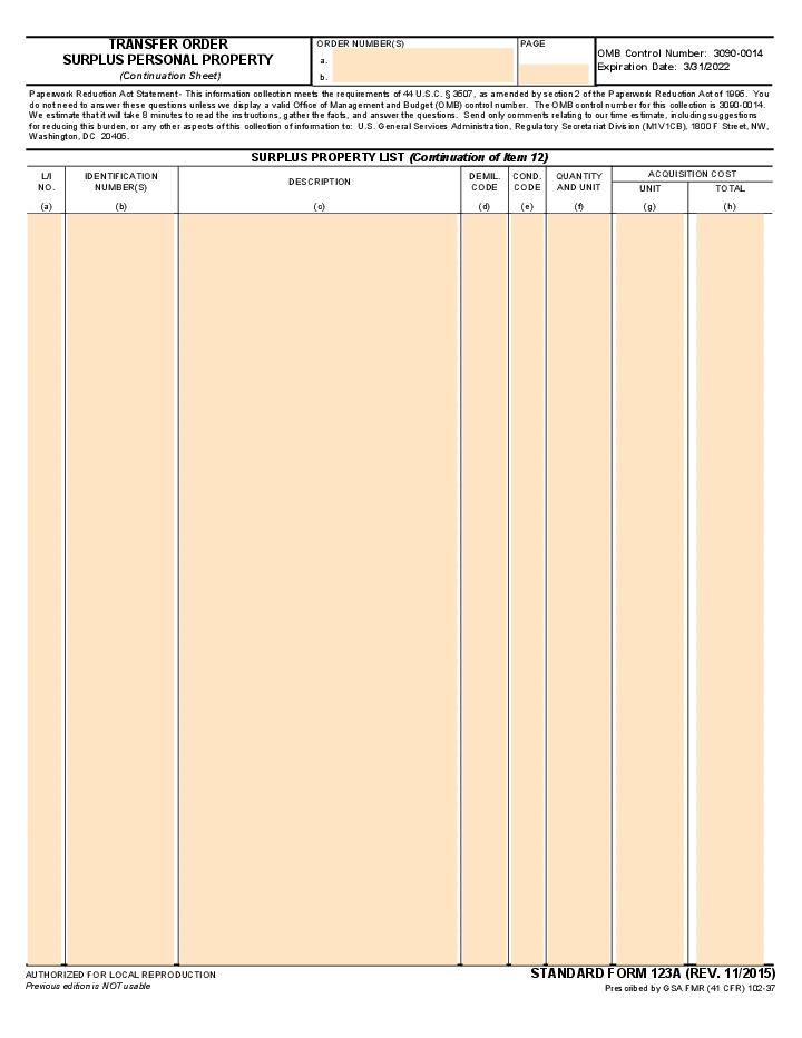 Transfer Order Surplus Personal Property (Continuation Sheet) 